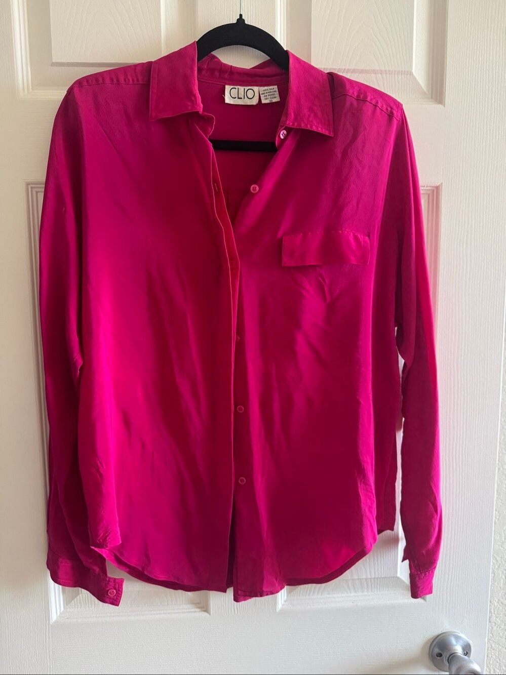 Vintage CLIO 100% Silk Fuchsia Pink Button Front Blouse Size 10